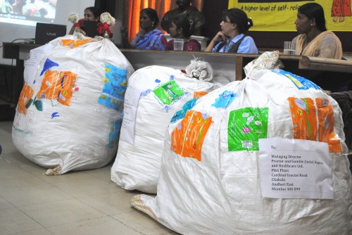 Bags full of used sanitary napkins addressed to companies that manufacture the product. Photo credit: SWaCH.