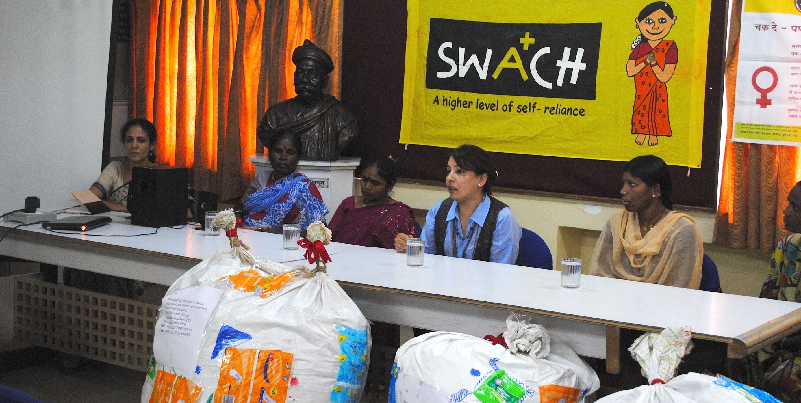 A press conference in March 2013 to address the issue of proper disposal of sanitary napkins. Photo credit: SWaCH.