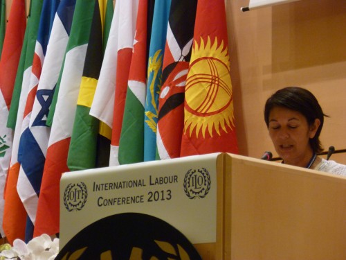 Nohra Padilla, of Colombia, speaks at the ILO Conference plenary session. Photo credit: WIEGO.
