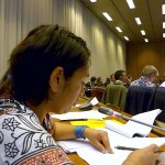 Nohra Padilla speaking at the Workers' committee on Sustainable Development. Photo: Lucia Fernandez.