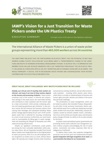 Executive summary: IAWP’s Vision for a Just Transition for Waste Pickers under the UN Plastics Treaty. Front page of the report.