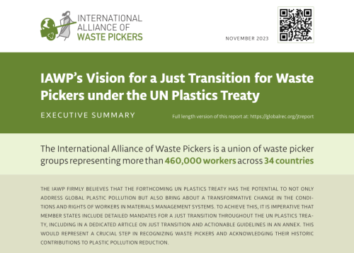 Executive summary: IAWP’s Vision for a Just Transition for Waste Pickers under the UN Plastics Treaty. Front page of the report.